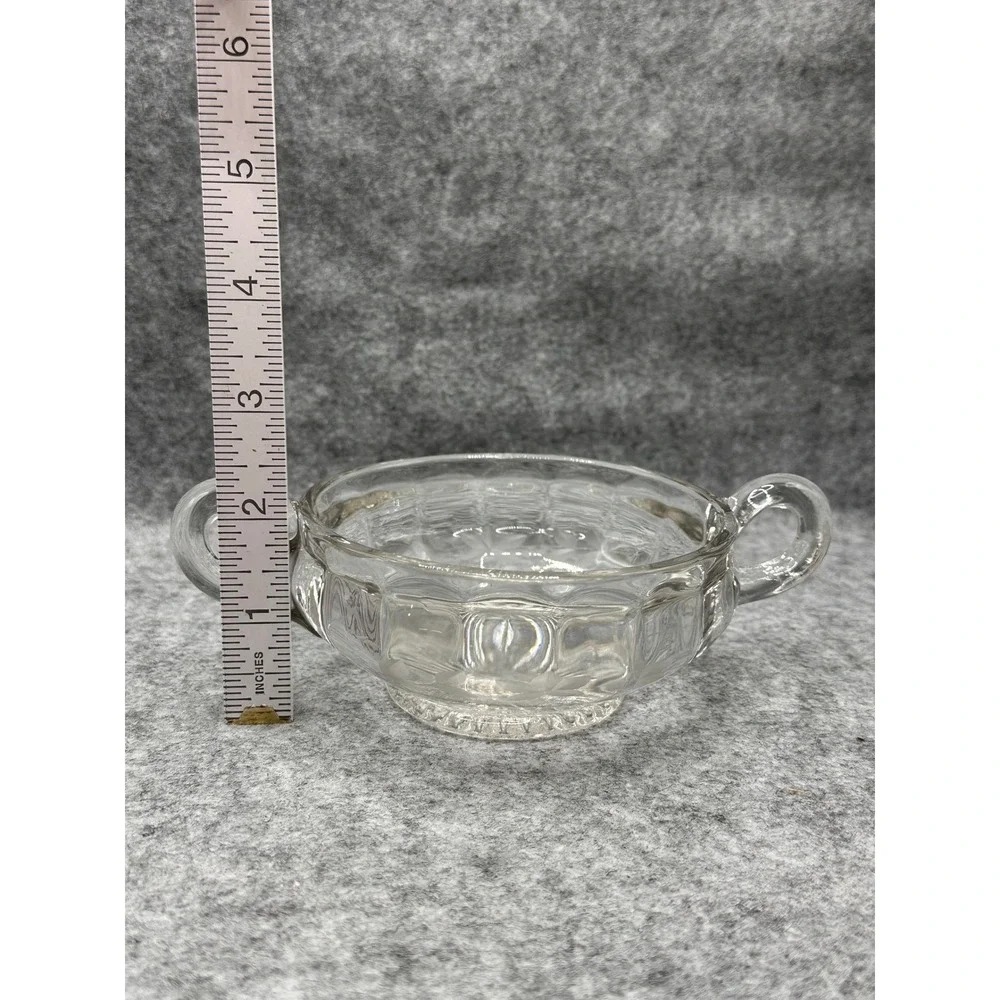 Vtg  Clear Pressed Glass Sugar Bowl Etched Floral Double Handle Starburst Base